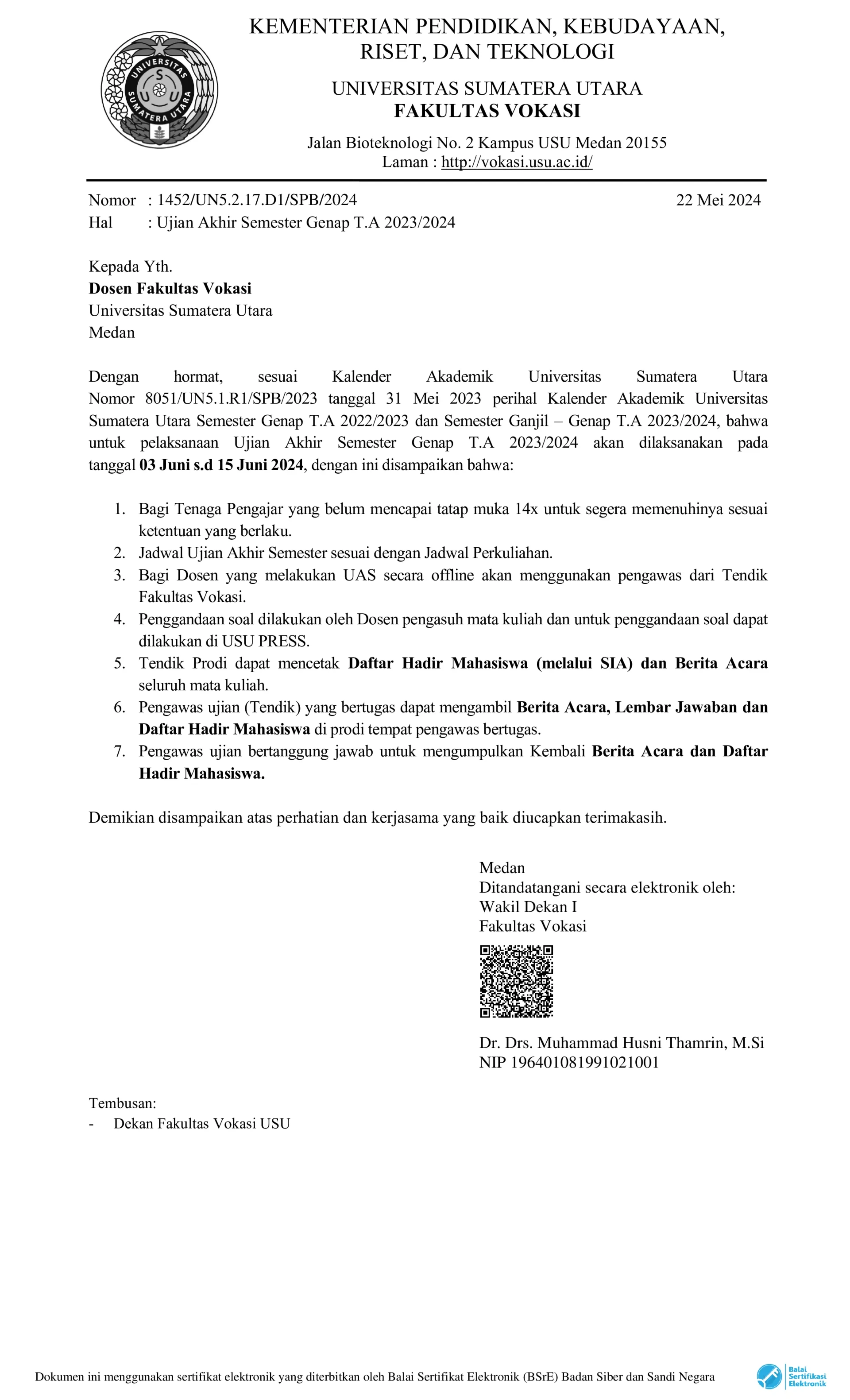 Announcement of the Implementation of the Final Examination of Even Semester FY 2023/2024