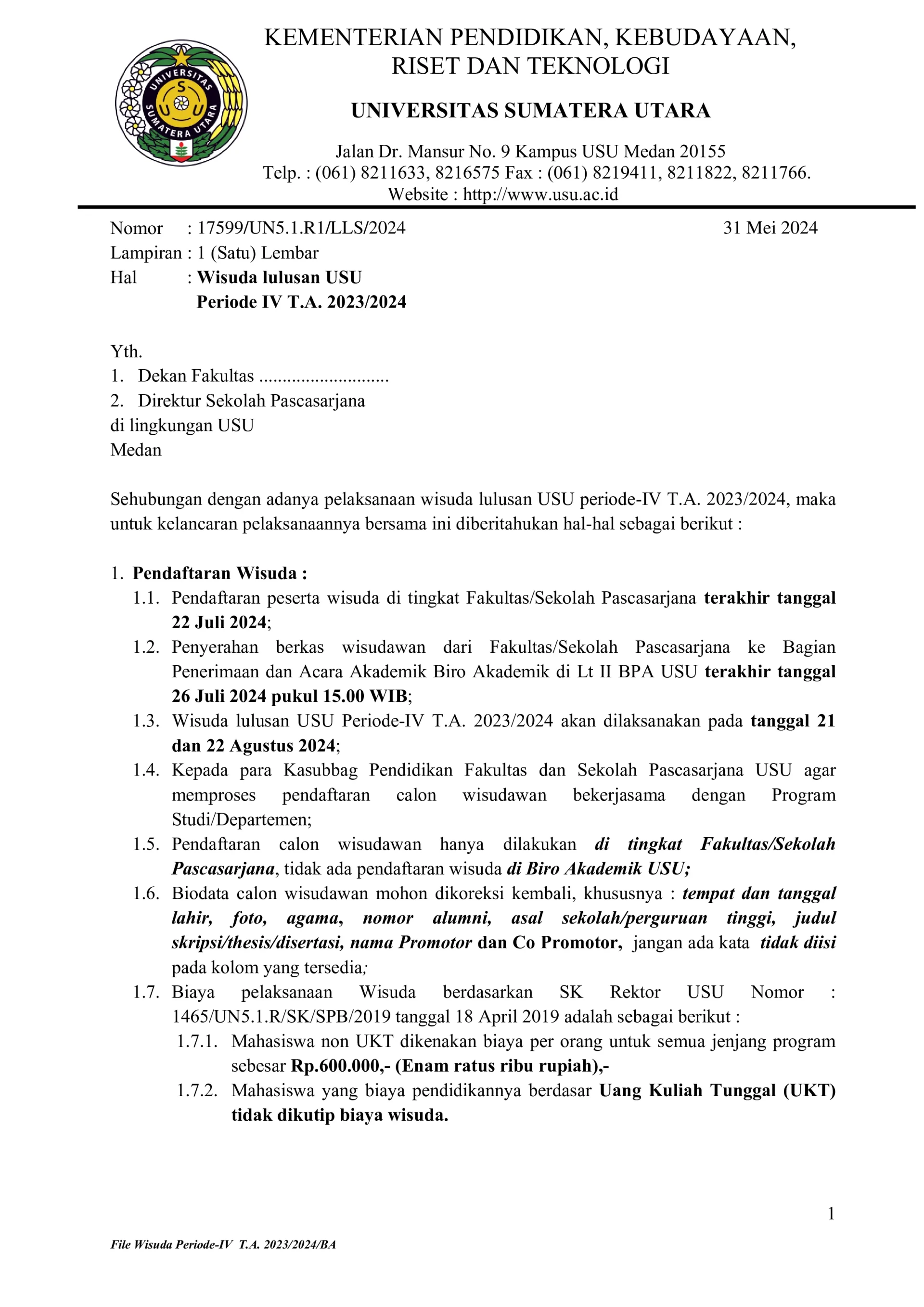 Registration for Universitas Sumatera Utara Graduation Period IV for the 2023/2024 Academic Year