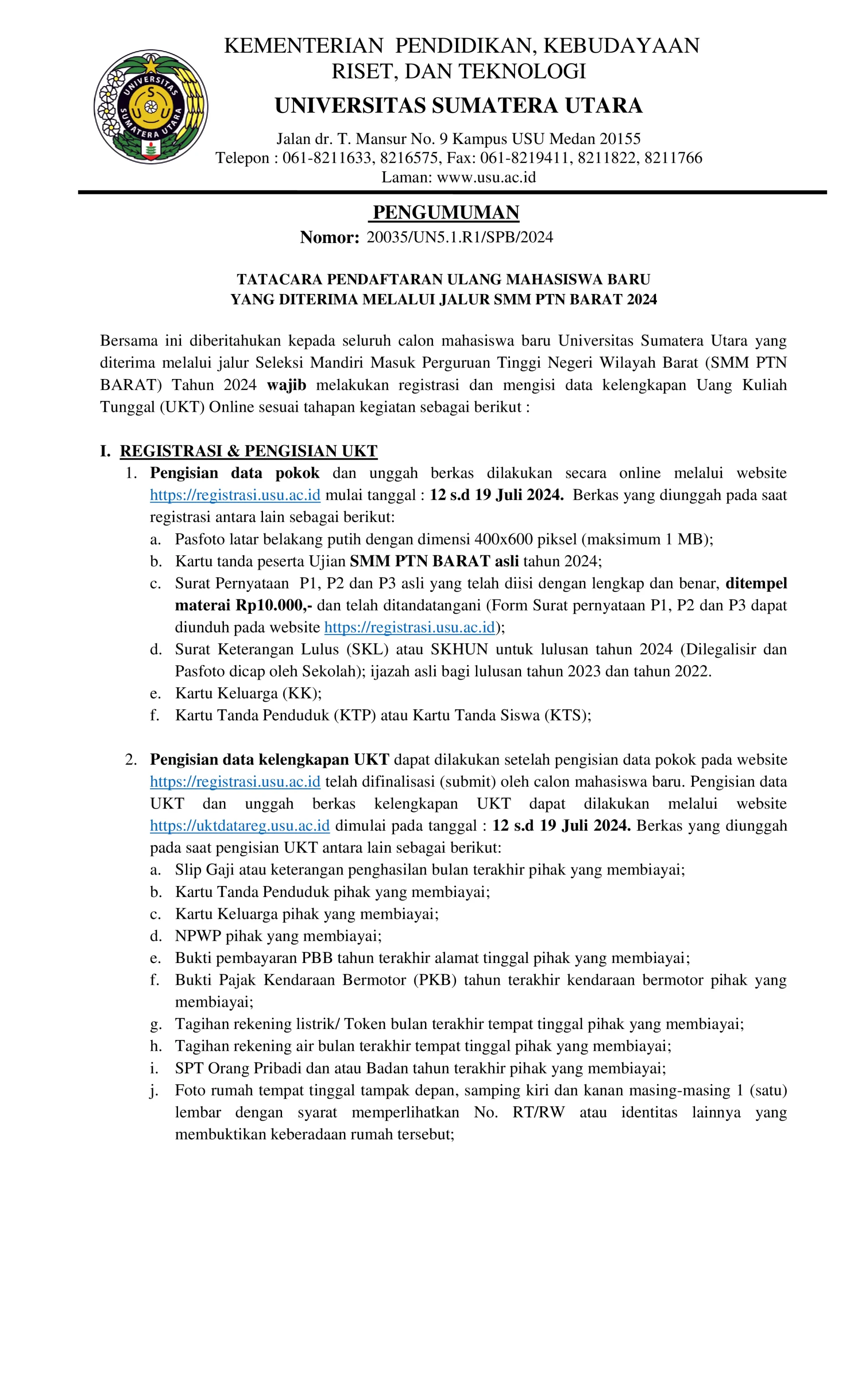 PROCEDURES FOR RE-REGISTRATION OF NEW STUDENTS ACCEPTED THROUGH THE SMM PTN BARAT TRACK (2024)