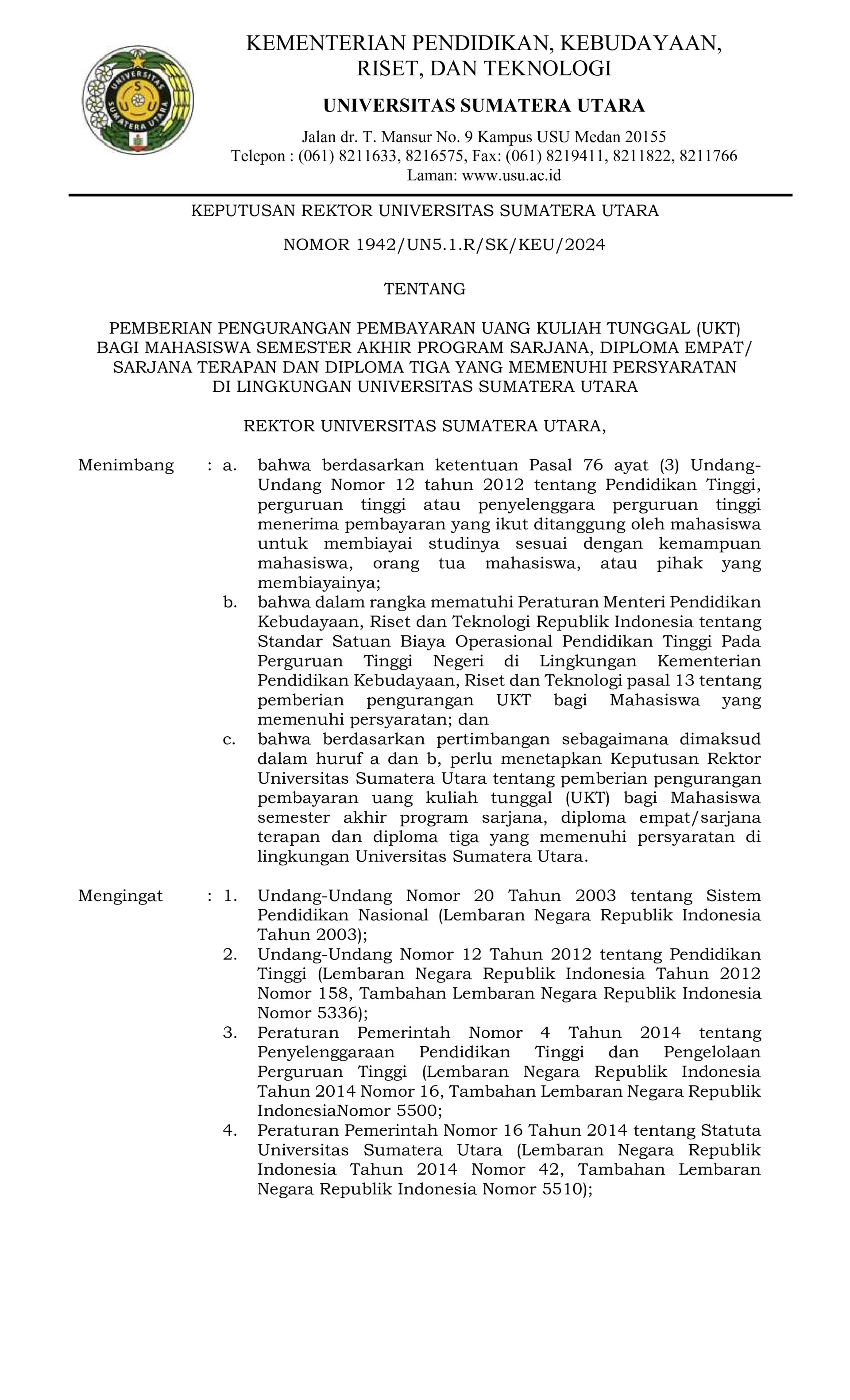 Pengumuman Pemberian Pengurangan Pembayaran UKT Bagi Mahasiswa Semester Akhir