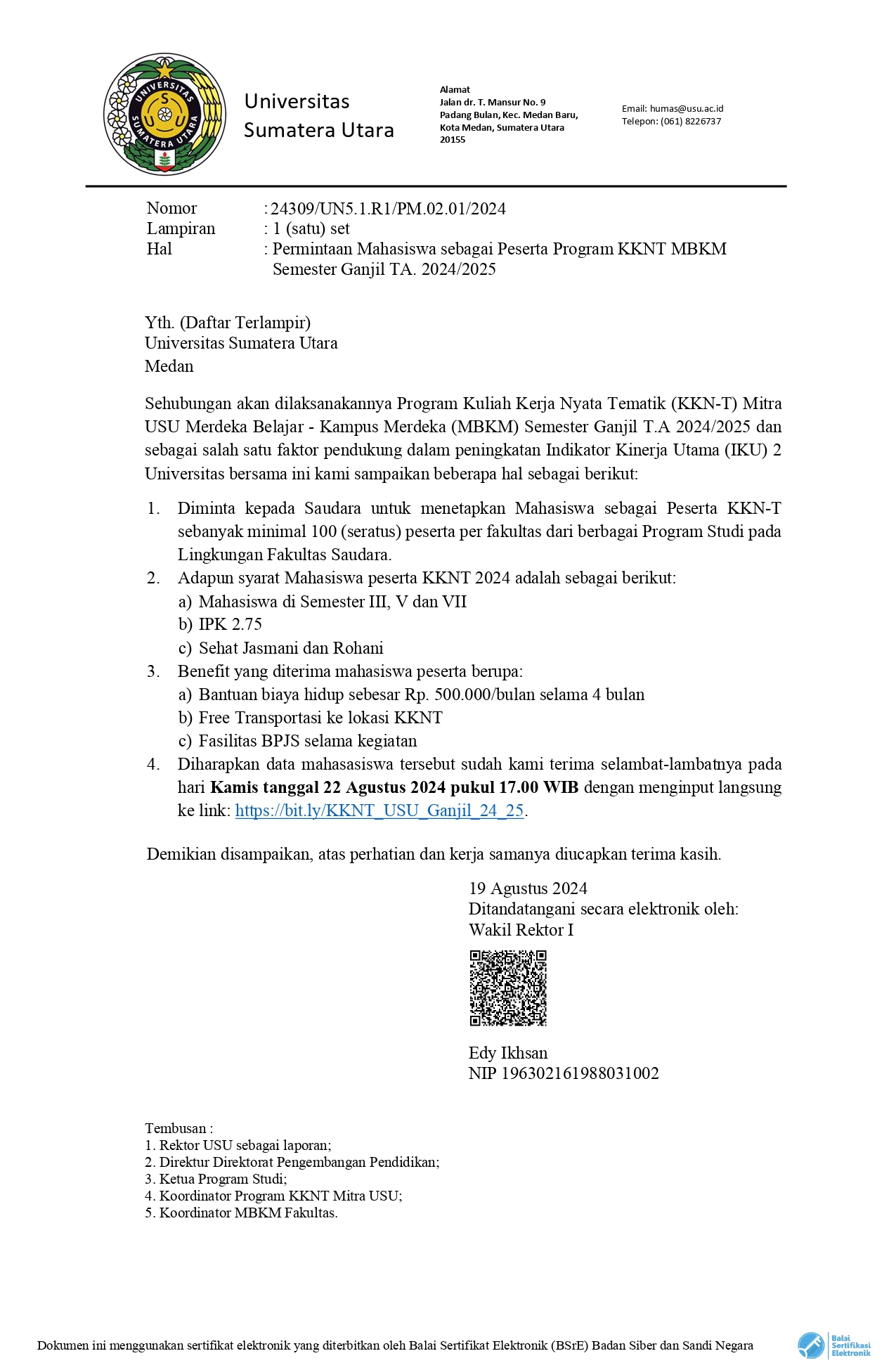 Permintaan Mahasiswa sebagai peserta Program KKNT MBKM Semester Ganjil TA. 2024/2025