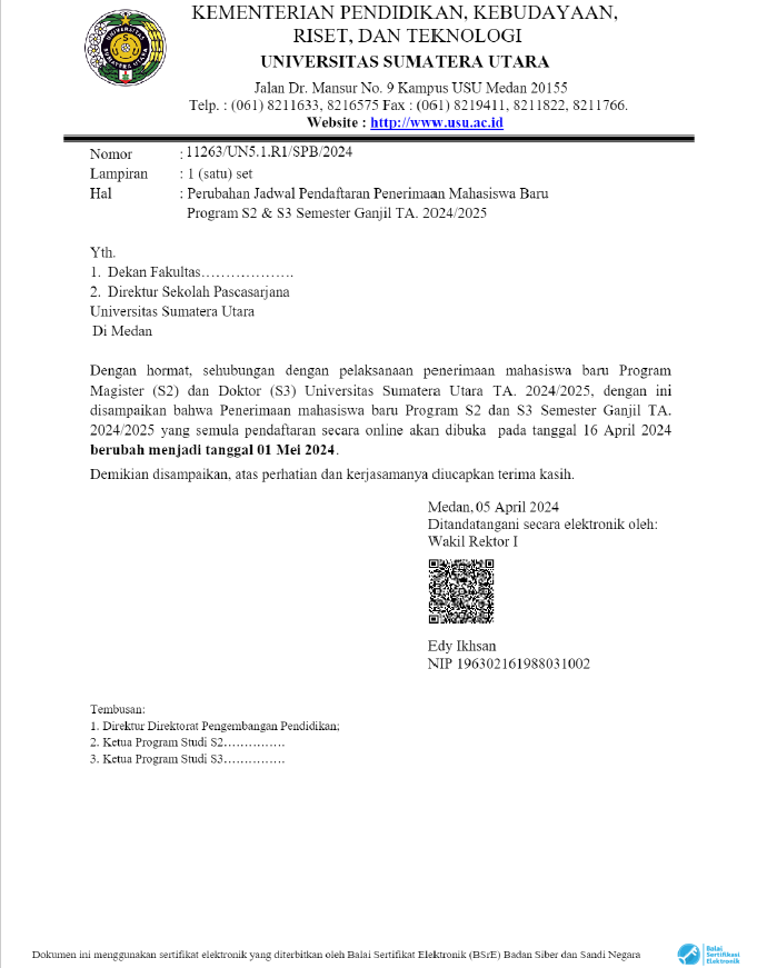 Change in Registration Schedule for New Master's and Doctoral Student Admissions for Odd Semester Academic Year 2024/2025