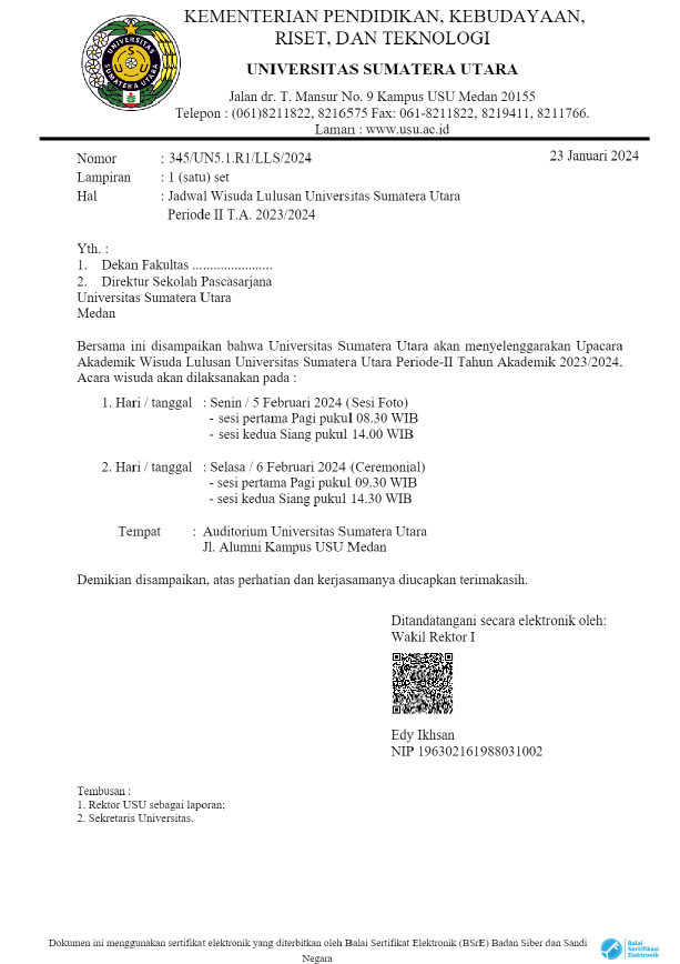 Graduation Schedule for Universitas Sumatera Utara Graduates Period II Academic Year 2023/2024