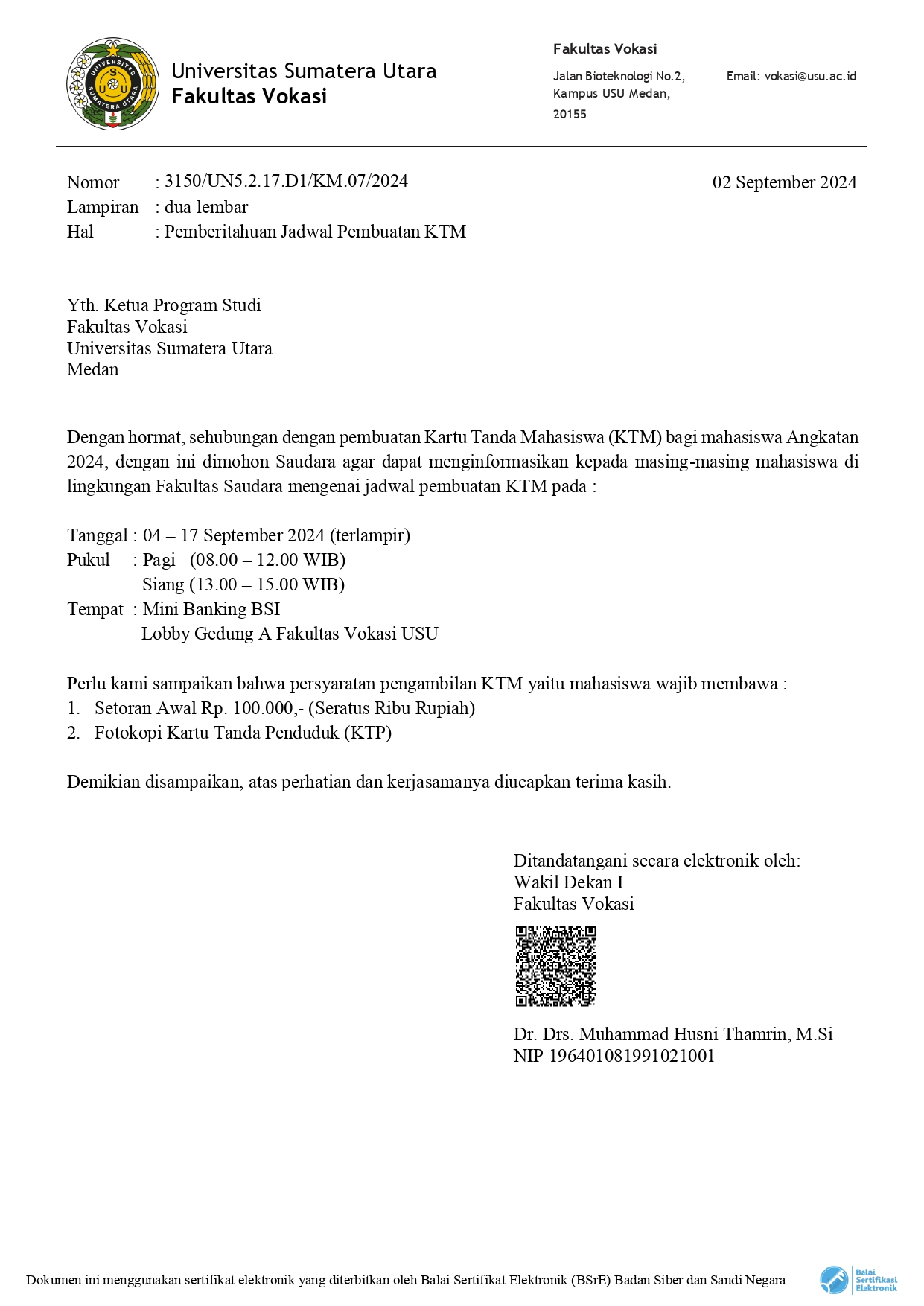 Notification of KTM Issuance Schedule at the USU Faculty of Vocational Education