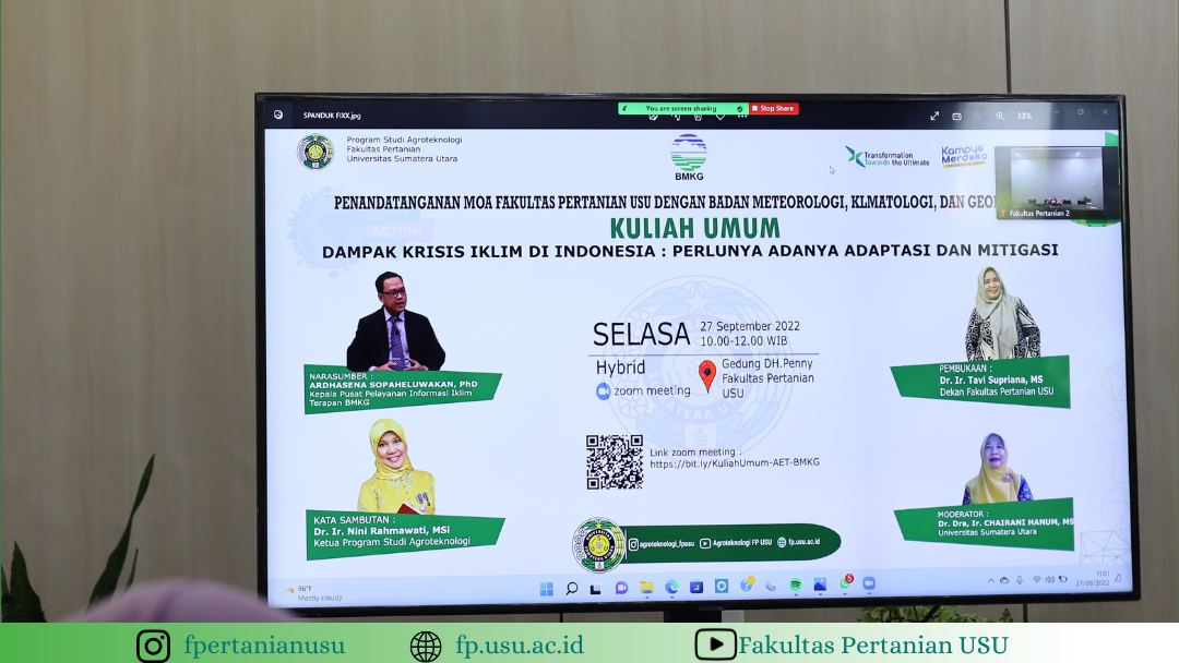 Signing of MoA and Partnership Agreement between Faculty of Agriculture and Meteorology, Climatology, and Geophysics Agency (BMKG) and Public Lecture of Agrotechnology Study Program, Faculty of Agriculture, Universitas Sumatera Utara.
