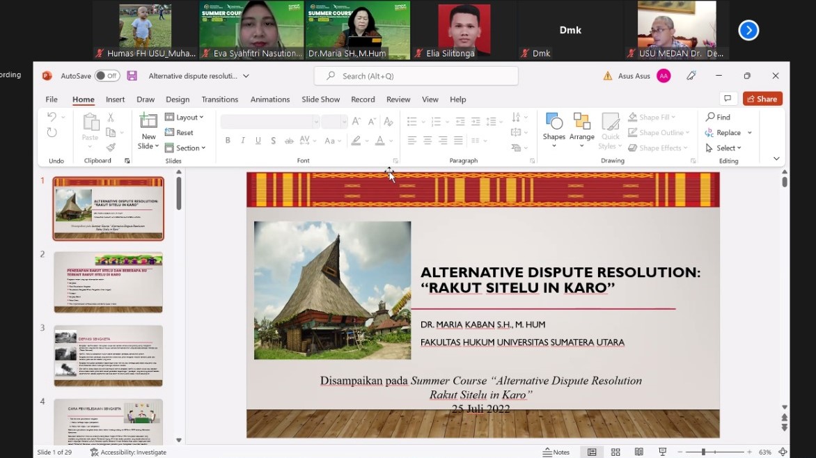 Sesi ke-6 Kegiatan Summer Course Program 2022 Fakultas Hukum USU, DR. Maria Kaban: Alternative Dispute Resolution “Rakut Sitelu in Karo”