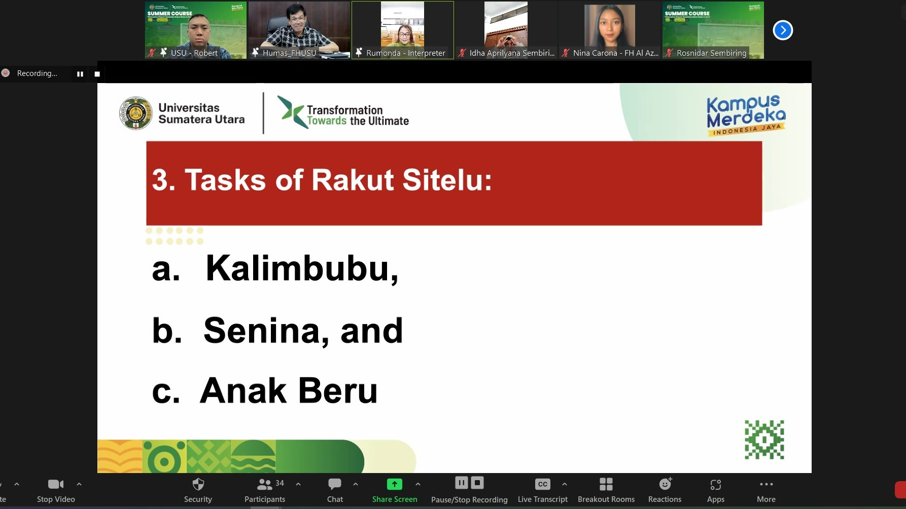 The 4th Session of Summer Course Program 2022 Faculty of Law USU. Prof. Runtung: “Rakut Sitelu”