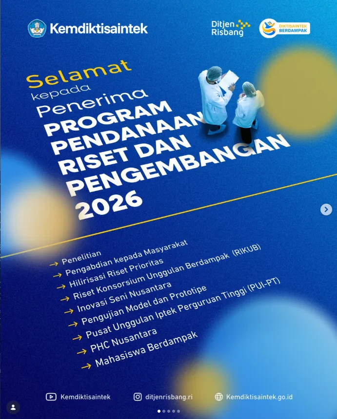 Pengumuman Penerima Pendanaan Program Penelitian, Pengabdian kepada Masyarakat, Hilirisasi Riset Prioritas, Riset Konsorsium Unggulan Berdampak, dan Inovasi Seni Nusantara Tahun Anggaran 2026