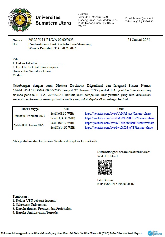 Notification of Youtube Live Streaming Link for Graduation Period II of 2024/2025