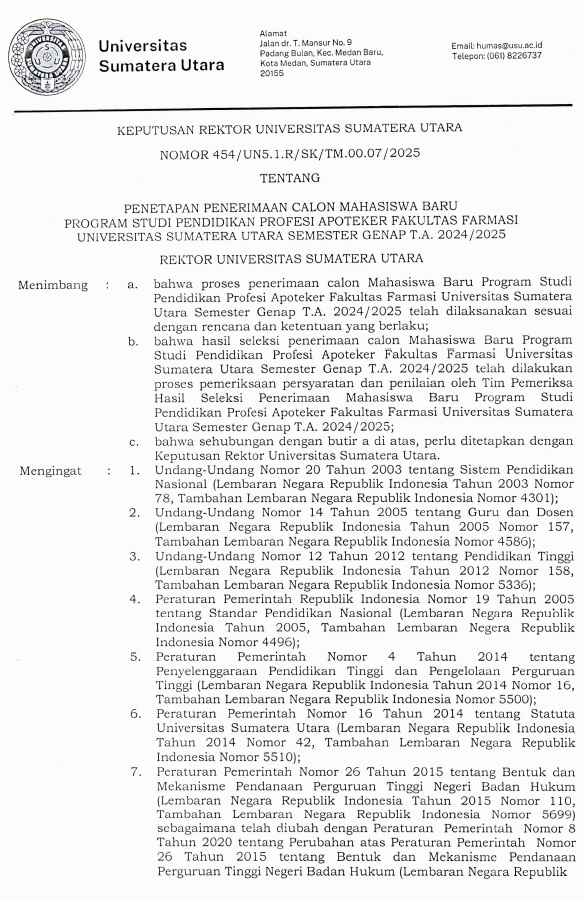 Decree on the Admission of New Student Candidates for the Pharmacist Professional Education Study Program, Faculty of Pharmacy, USU for Even Semester of 2024/2025