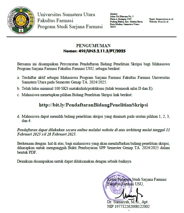 Registration of Thesis Research Fields for Students of the Undergraduate Program in Pharmacy, Faculty of Pharmacy, USU