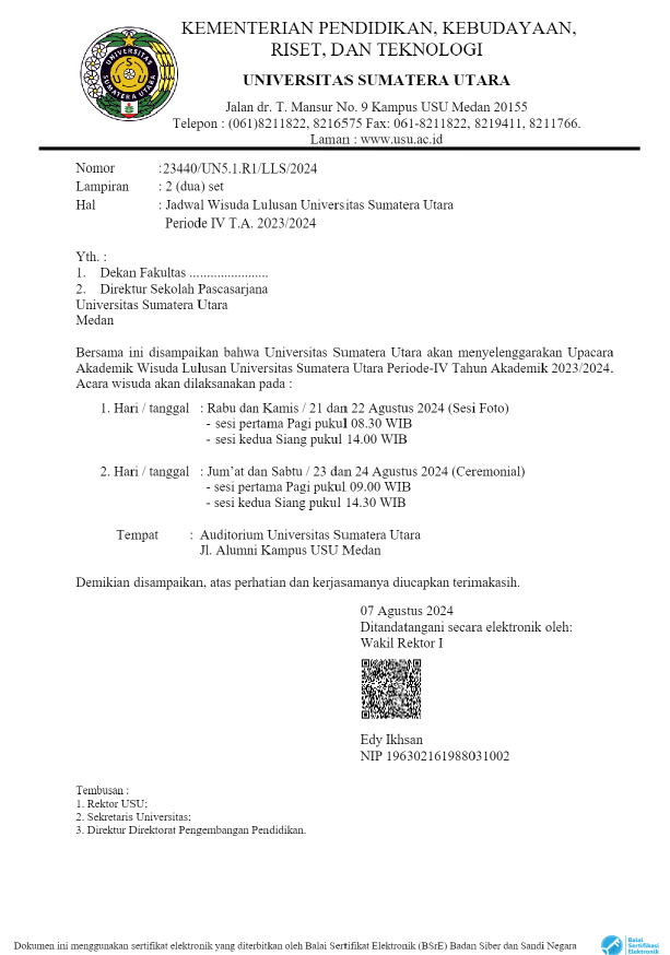 Graduation Schedule for Universitas Sumatera Utara Graduates Period IV Academic Year 2023/2024