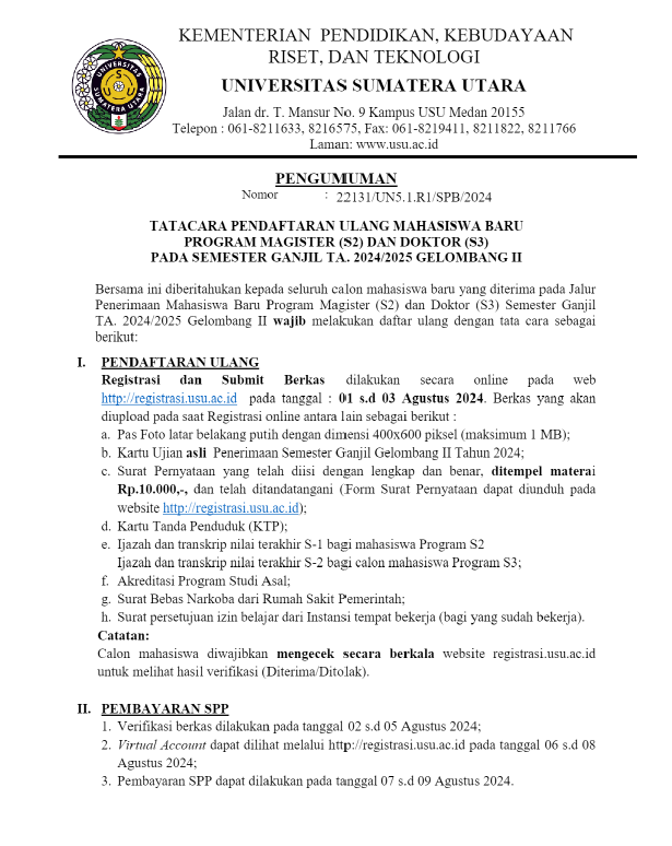Tatacara Pendaftaran Ulang Mahasiswa Baru Program Magister Dan Doktor Pada Semester Ganjil TA. 2024/2025 Gelombang II