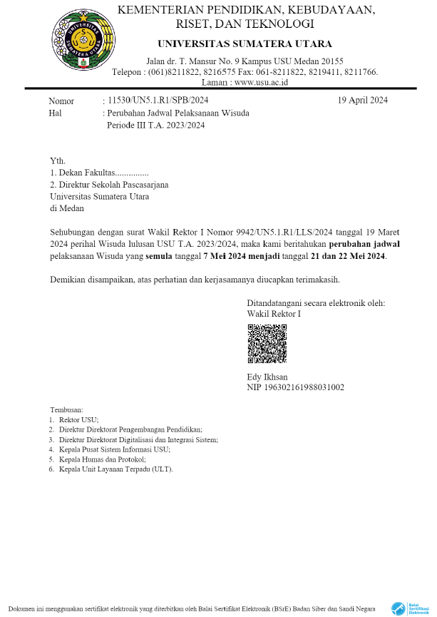Schedule Change for the Graduation Ceremony of Period III Academic Year 2023/2024