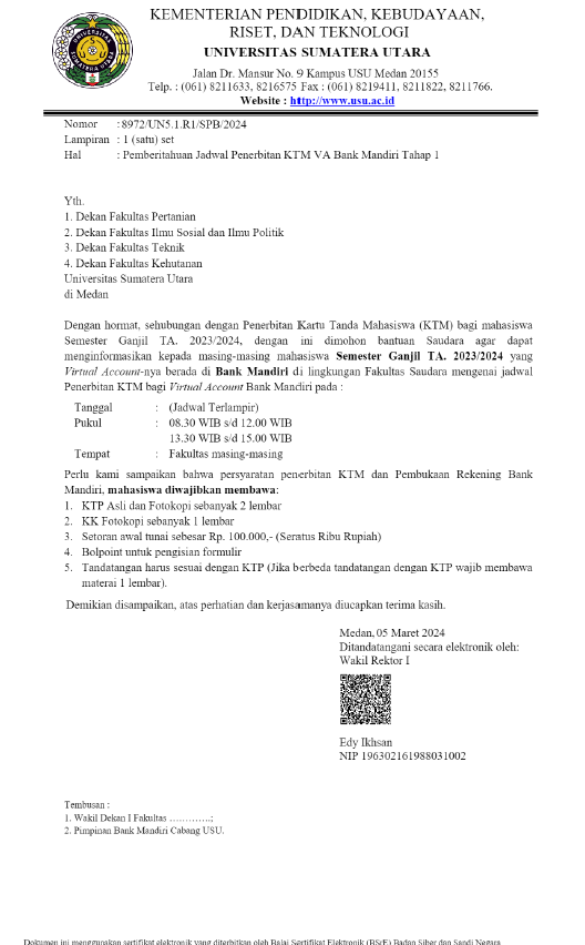 Notification of the Issuance Schedule for KTM VA Bank Mandiri Phase 1