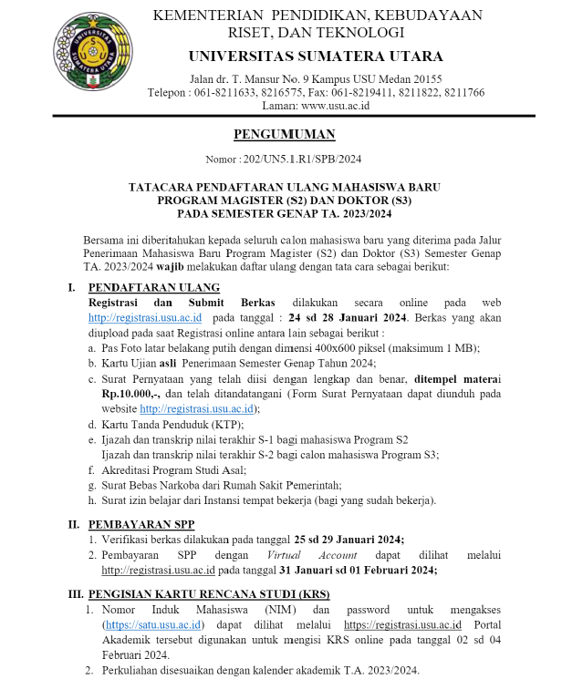 Announcement on the Re-Registration Procedures for New Students of Master's and Doctoral Programs for the Even Semester of the 2023/2024 Academic Year
