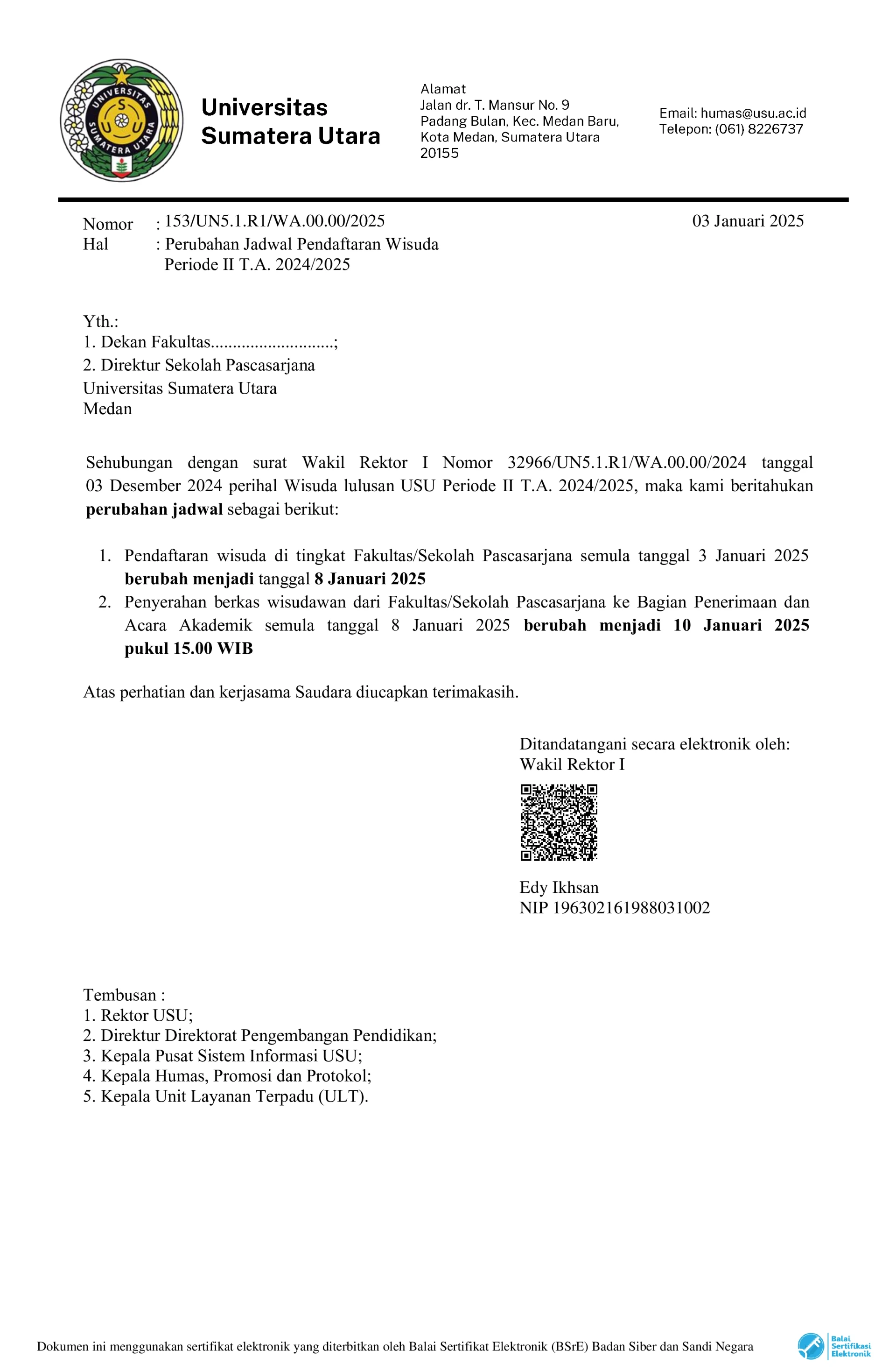 Change in Graduation Registration Schedule for Period II Academic Year 2024/2025