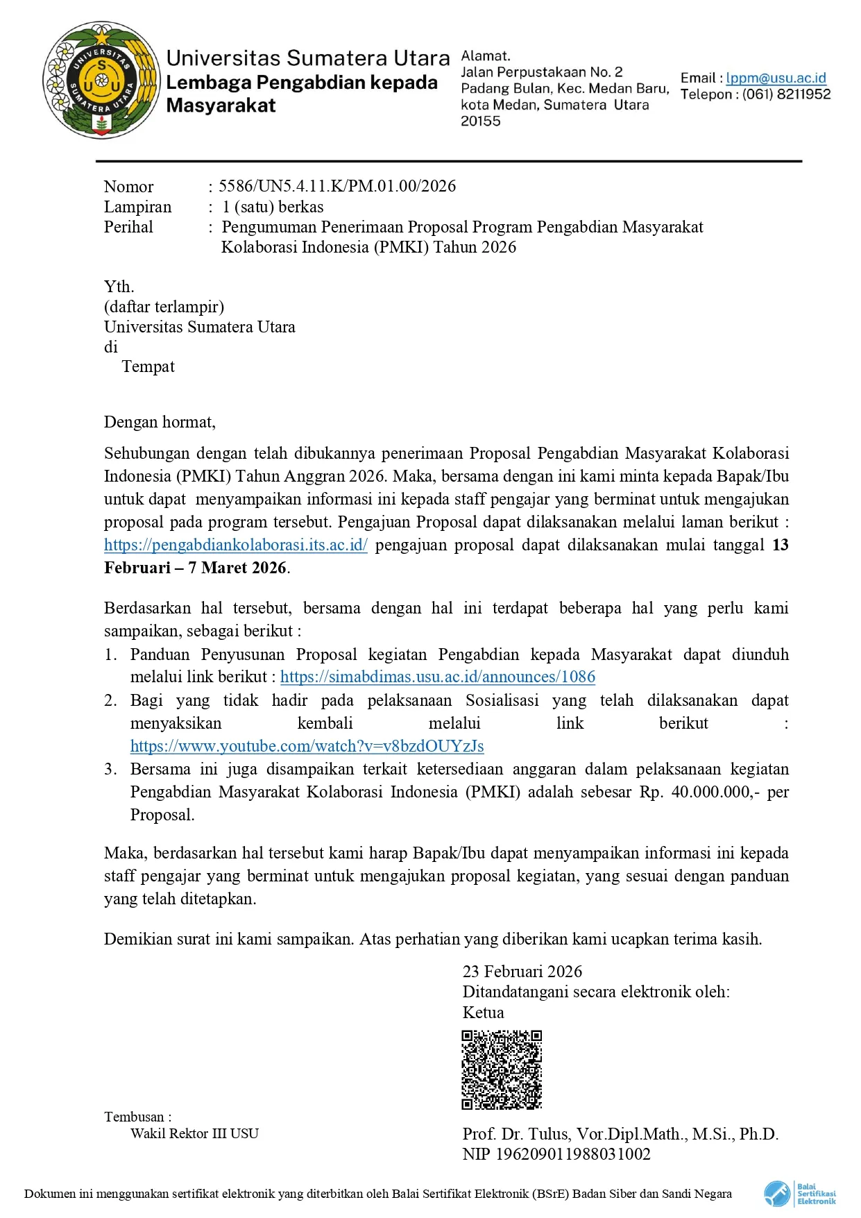 Pengumuman Penerimaan Proposal Program Pengabdian Masyarakat Kolaborasi Indonesia (PMKI) Tahun 2026