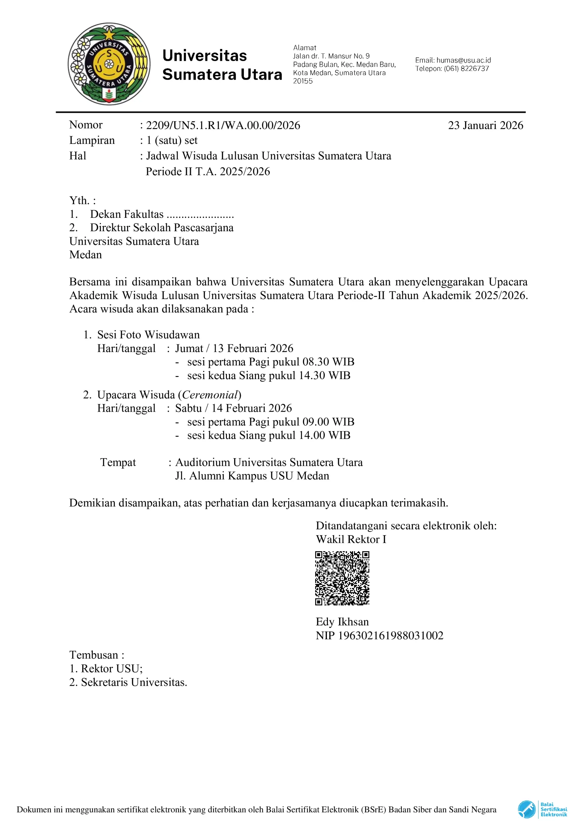 Graduation Schedule for Universitas Sumatera Utara Graduates, Period II Academic Year 2025/2026