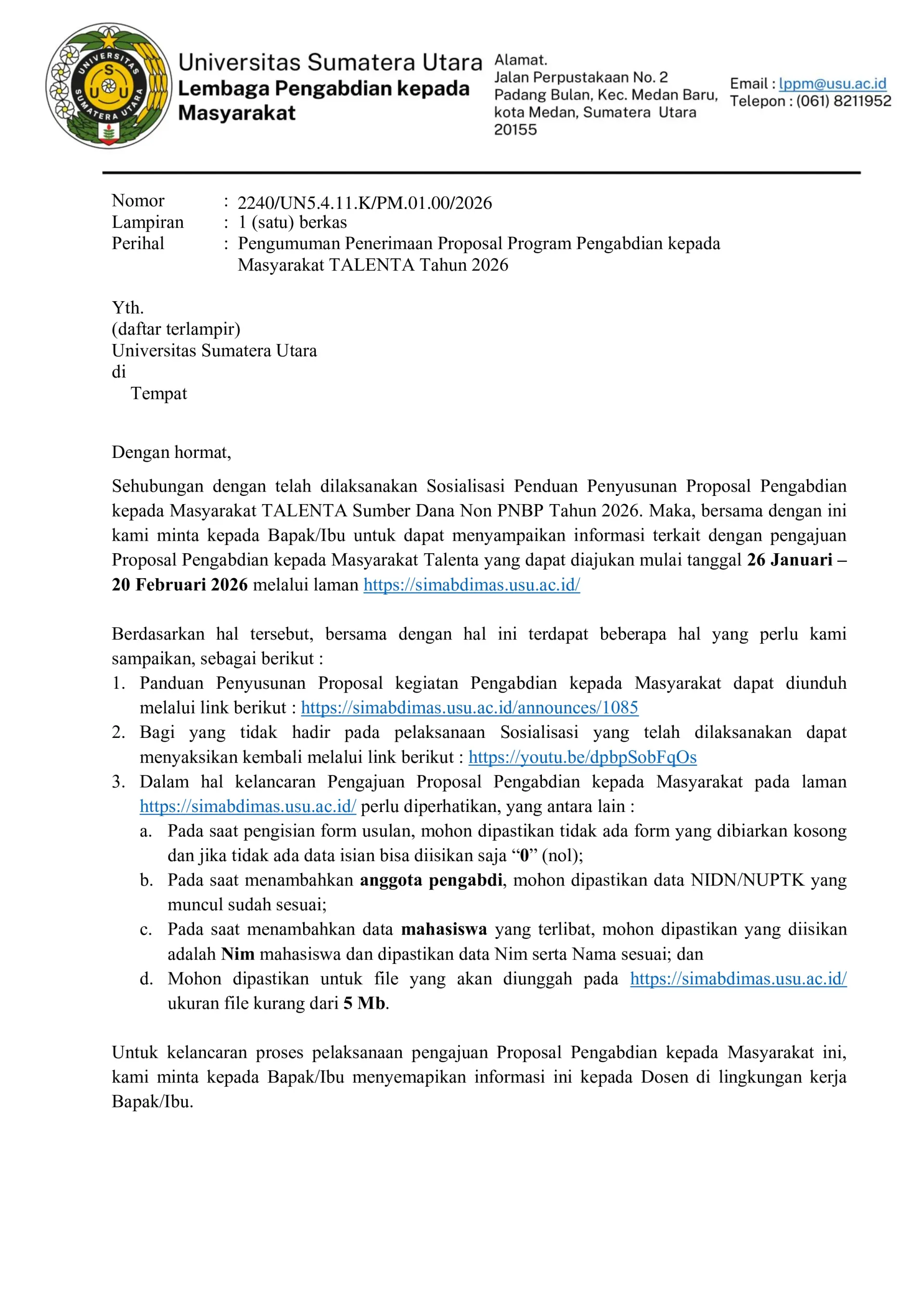 Pengumuman Penerimaan Proposal Program Pengabdian kepada Masyarakat TALENTA Tahun 2026