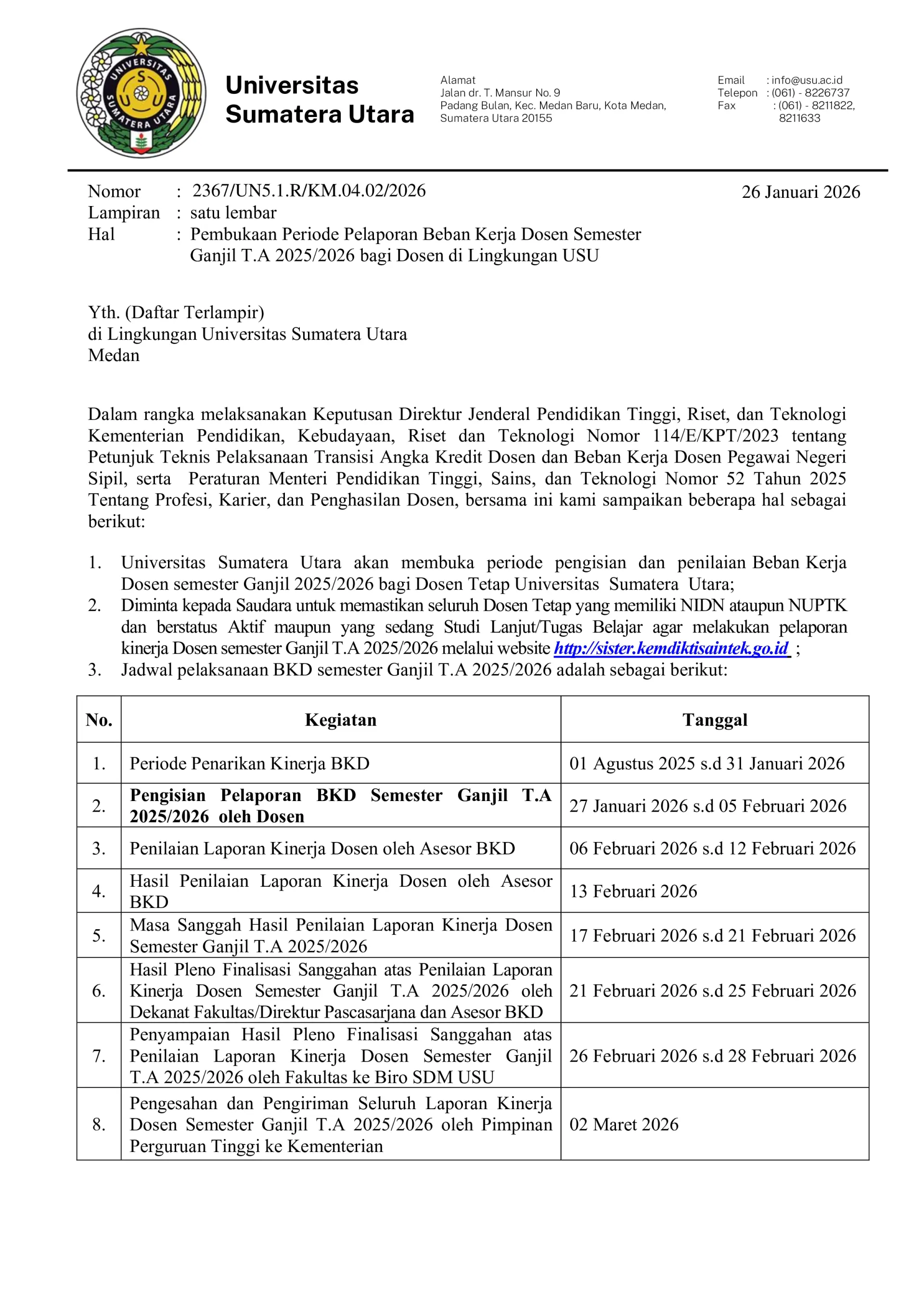 Pembukaan Periode Pelaporan Beban Kerja Dosen Semester Ganjil T.A 2025/2026 bagi Dosen di Lingkungan USU