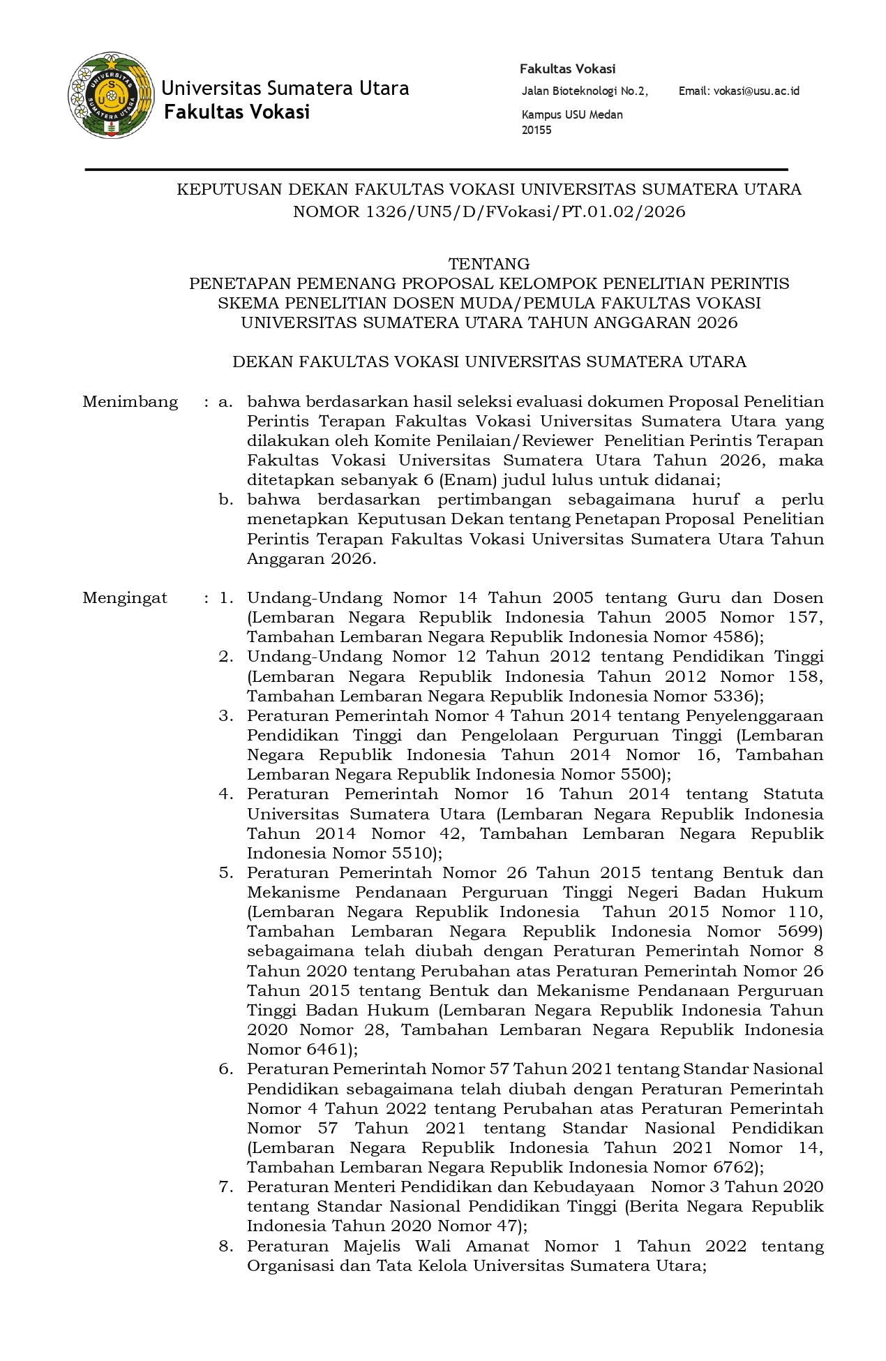 Pengumuman Pemenang Proposal Penelitian Perintis Skema Penelitian Dosen Muda/Pemula Fakultas Vokasi USU Tahun Anggaran 2026