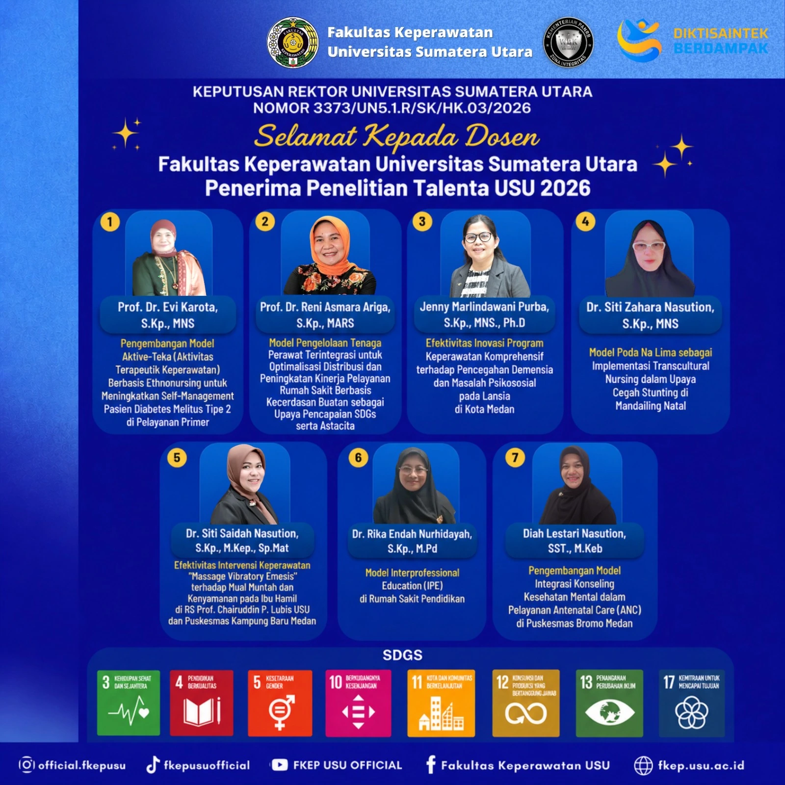 Tujuh Dosen Fakultas Keperawatan USU Raih Pendanaan Penelitian TALENTA 2026, Perkuat Inovasi Keperawatan Berbasis SDGs