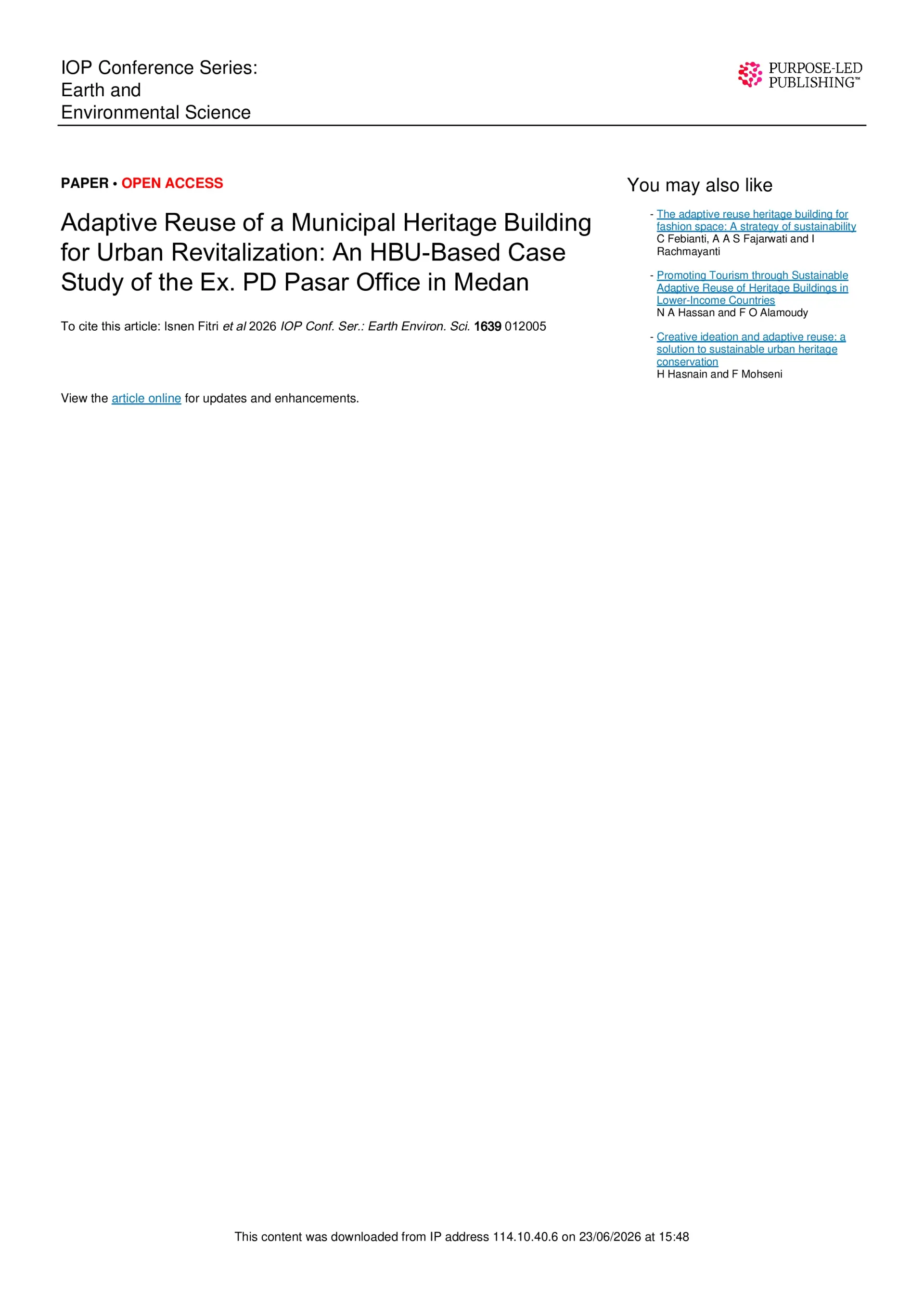 Adaptive Reuse of a Municipal Heritage Building for Urban Revitalization: An HBU-Based Case Study of the Ex. PD Pasar Office in Medan (ICNRSD 2026)