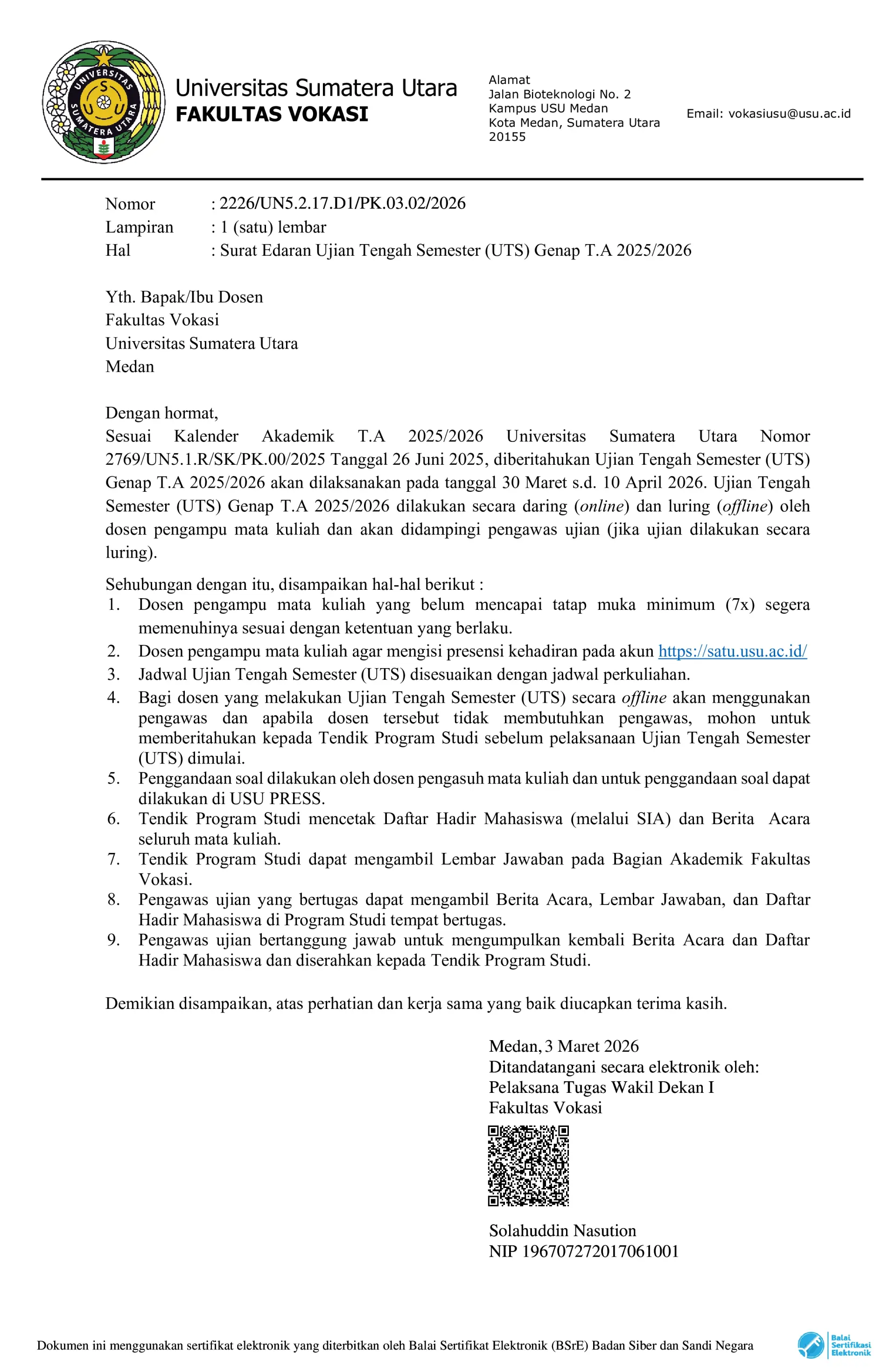 Surat Edaran Ujian Tengah Semester (UTS) Genap T.A 2025/2026