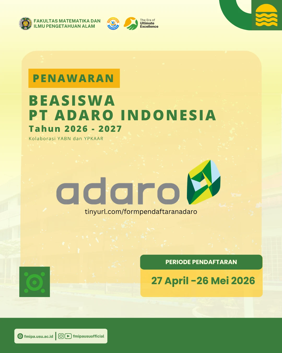 Beasiswa PT Adaro Indonesia 2026–2027 Resmi Dibuka, Mahasiswa FMIPA Berkesempatan Raih Bantuan Pendidikan