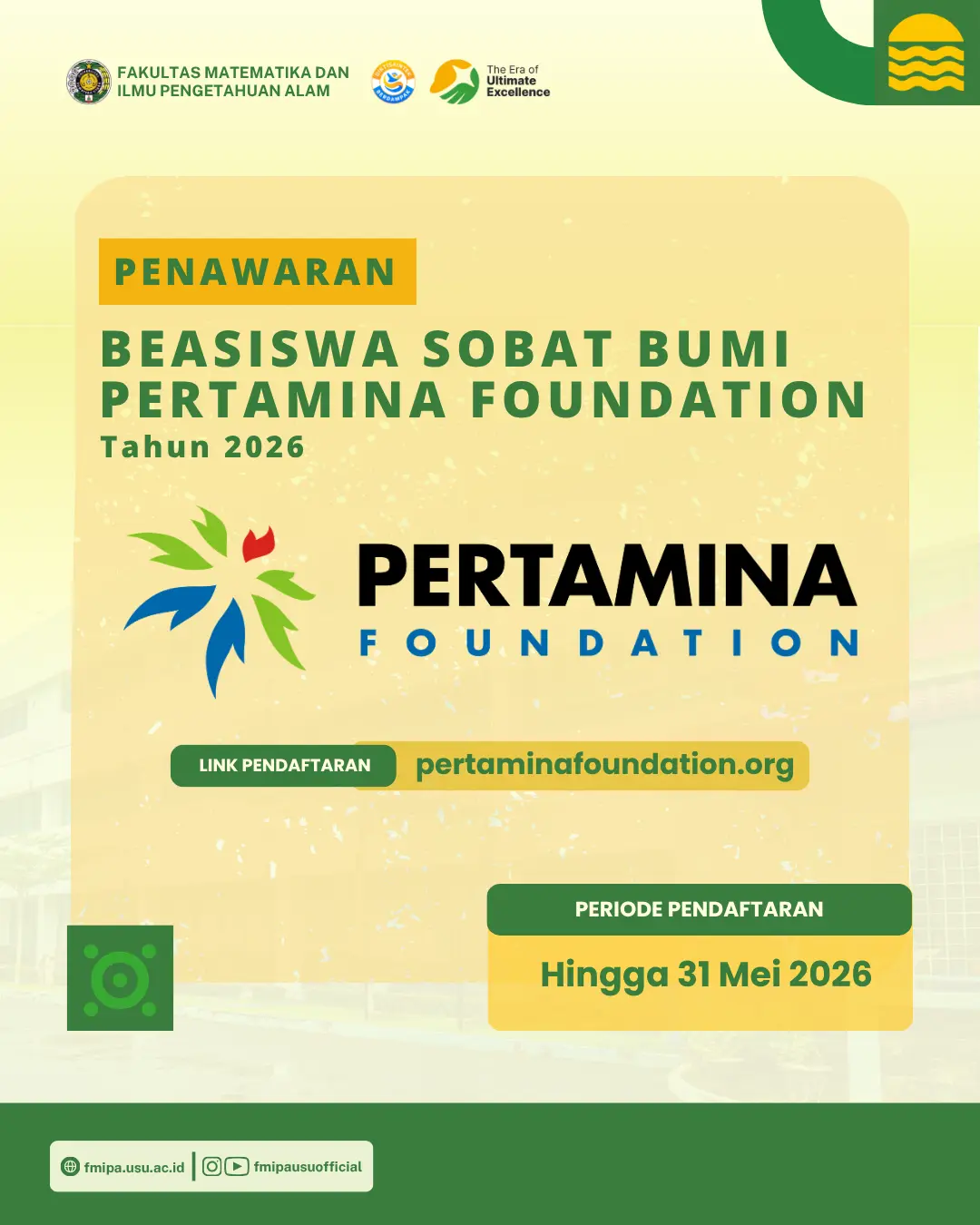 Pembukaan Pendaftaran Beasiswa Sobat Bumi Pertamina Foundation Tahun 2026