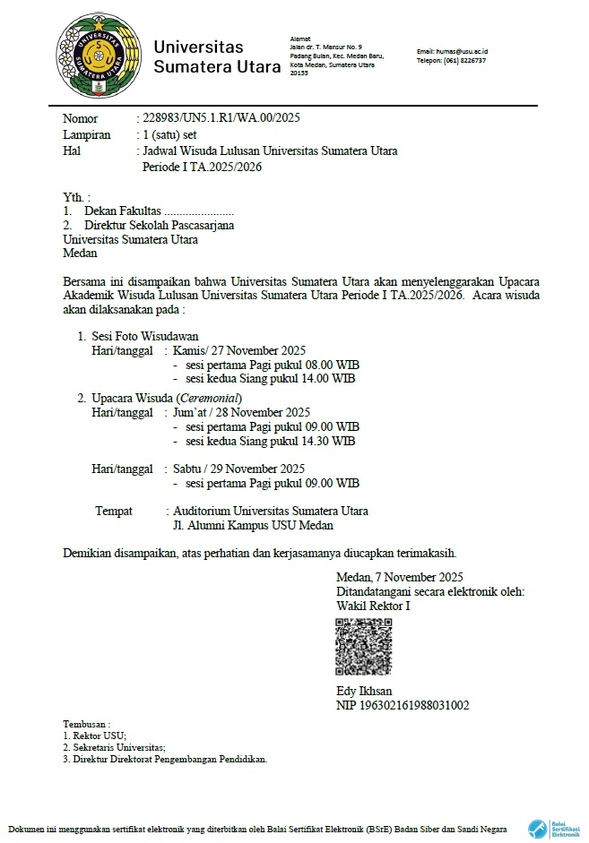 Graduation Schedule of Universitas Sumatera Utara Graduates for Period I Academic Year 2025/2026