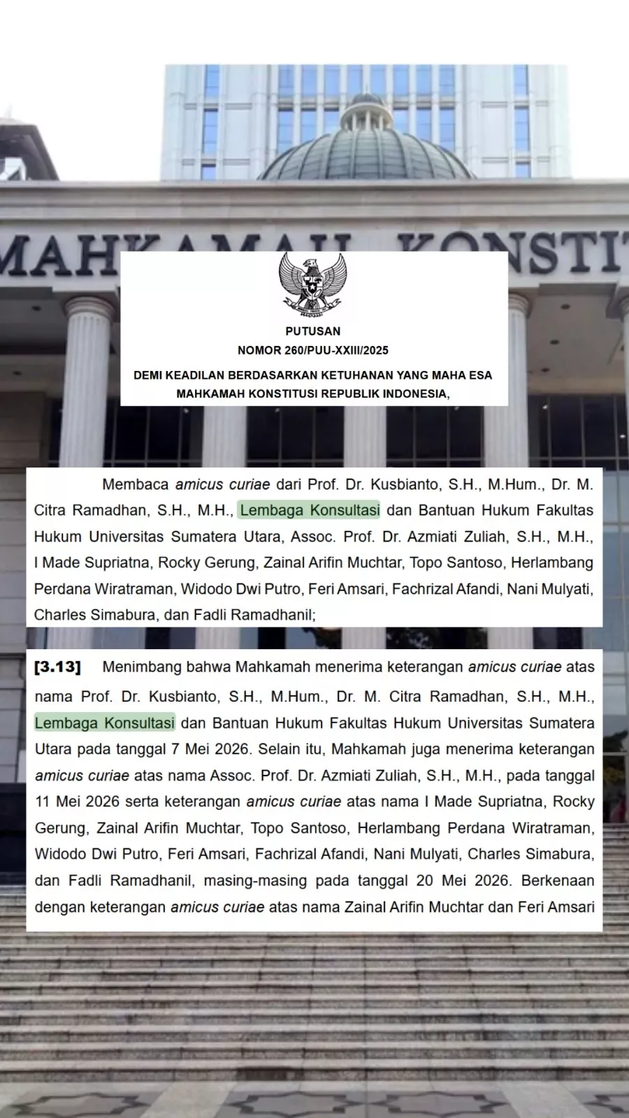 MK Kabulkan Seluruh Permohonan Perkara Nomor 260/PUU-XXIII/2025, LKBH FH USU Sebelumnya Sampaikan Amicus Curiae