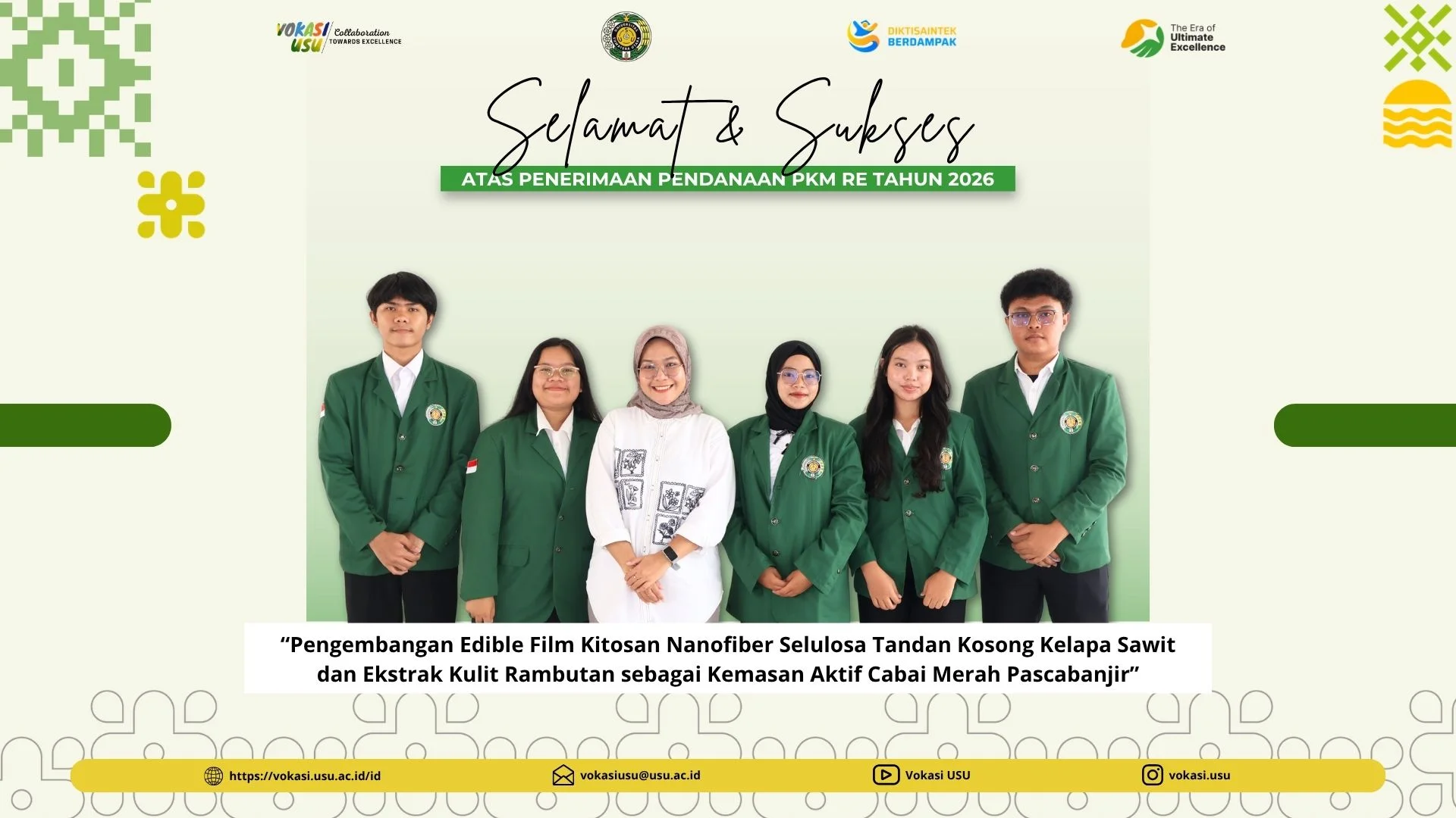 Fakultas Vokasi USU Ucapkan Selamat kepada Tim Mahasiswa Penerima Pendanaan PKM-RE 2026 yang Siap Berlaga di PIMNAS ke-39