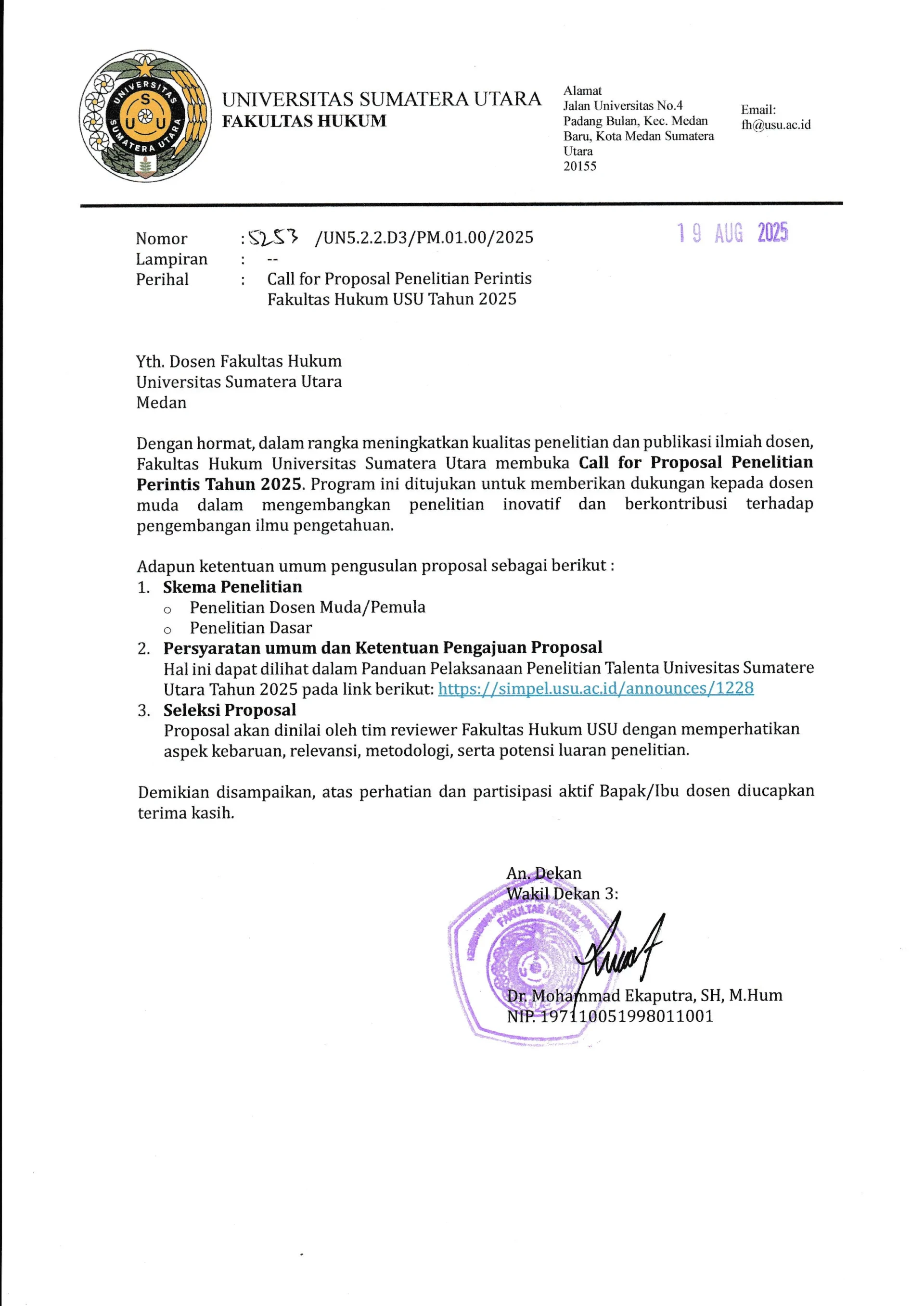 Call for Proposal Penelitian Perintis Fakultas Hukum USU Tahun 2025