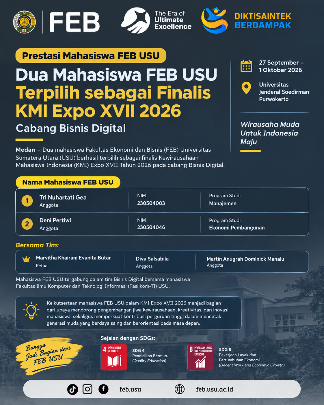 Dua Mahasiswa FEB USU Terpilih sebagai Finalis KMI Expo XVII 2026 Cabang Bisnis Digital